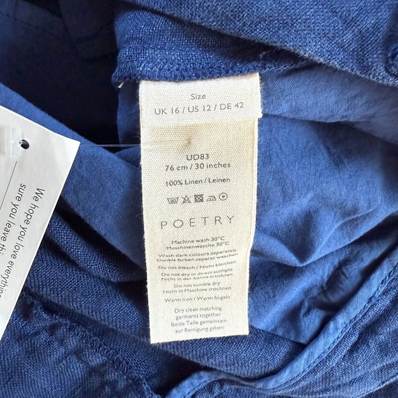 Poetry 100% Linen Pants Sz 12 Blue Wide Leg High‎ Rise Topstitched Welt Pockets - Picture 6 of 11